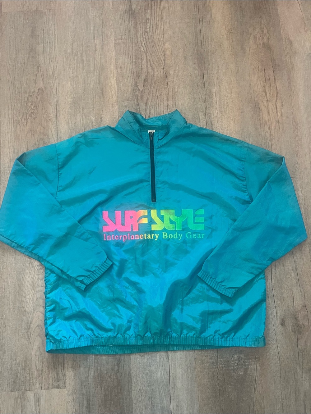 Surf Style Teal Pullover Windbreaker with Neon Logo